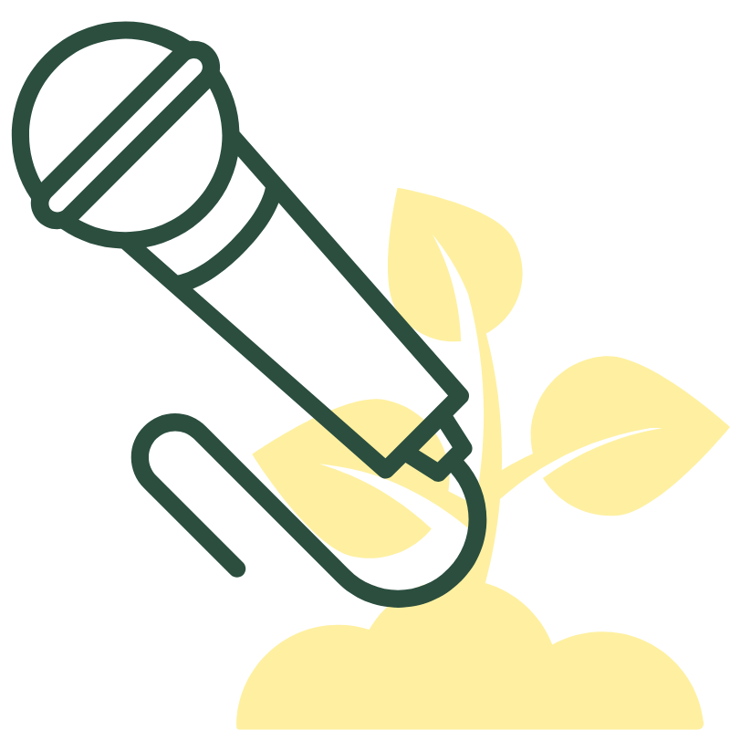 Green microphone icon, on yellow plant icon background, for booking section of homepage for site Garden Talks & Lectures delivered across Dorset & Hampshire